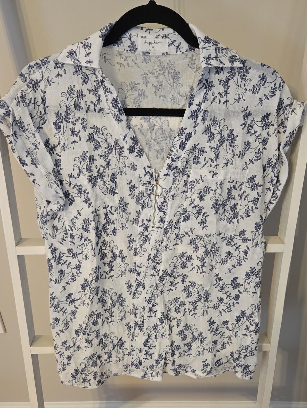 Sezane White Top with Navy Floral Zip Front